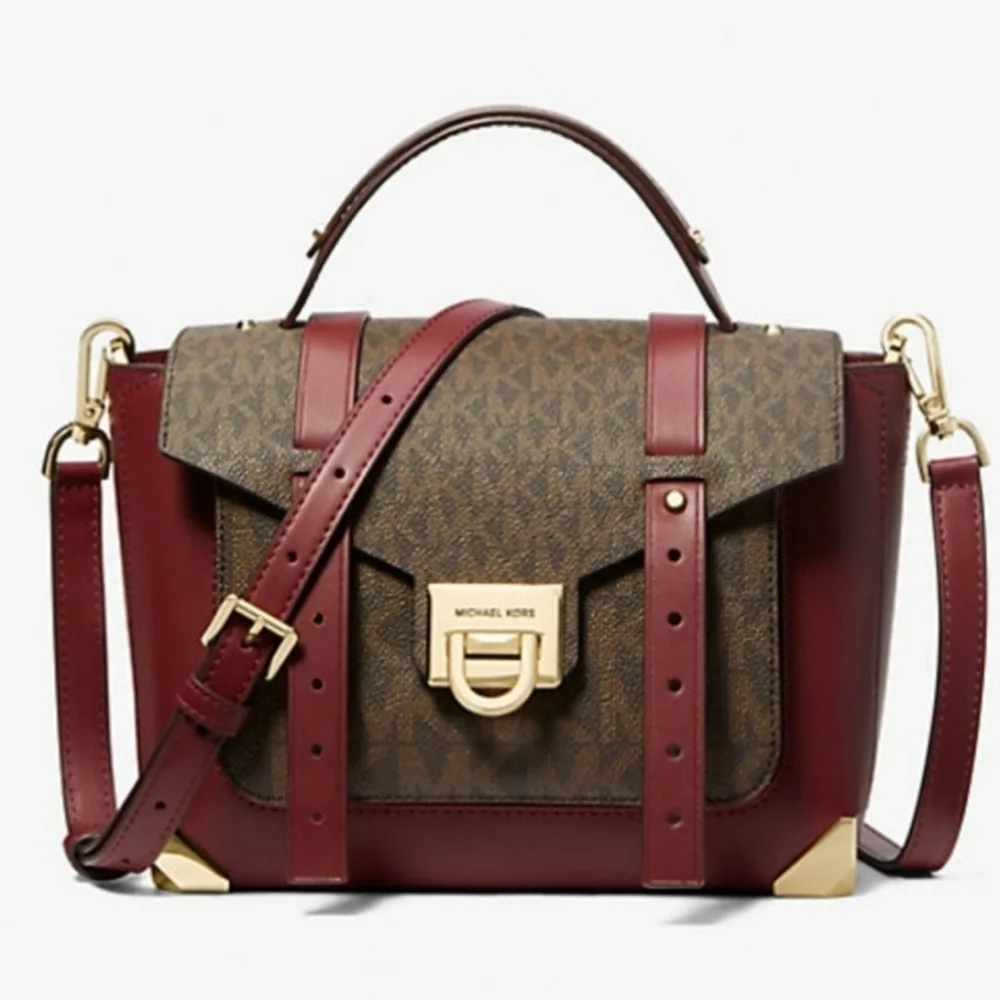 💜🔹️Michael Kors 🔹️Manhattan Medium Leather and Logo Satchel- Dark Cherry